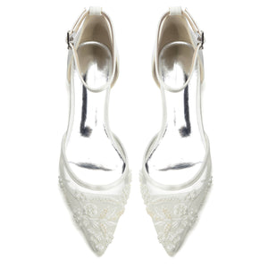 Women's Lace Silk Satin With Ankle Strap Closed Toe Flat Heel Evening Shoes