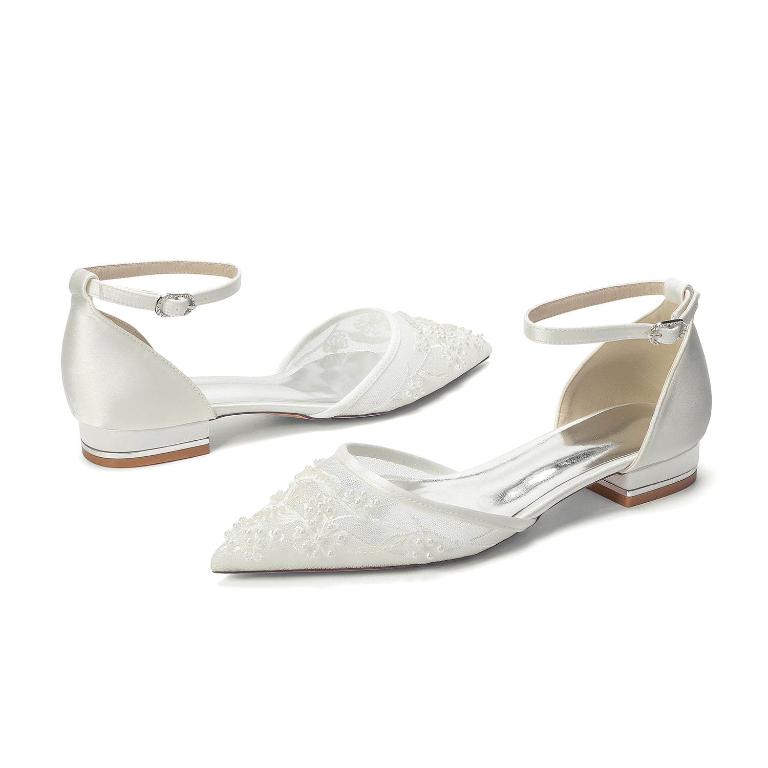 Women's Lace Silk Satin With Ankle Strap Closed Toe Flat Heel Evening Shoes