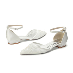 Women's Lace Silk Satin With Ankle Strap Closed Toe Flat Heel Evening Shoes
