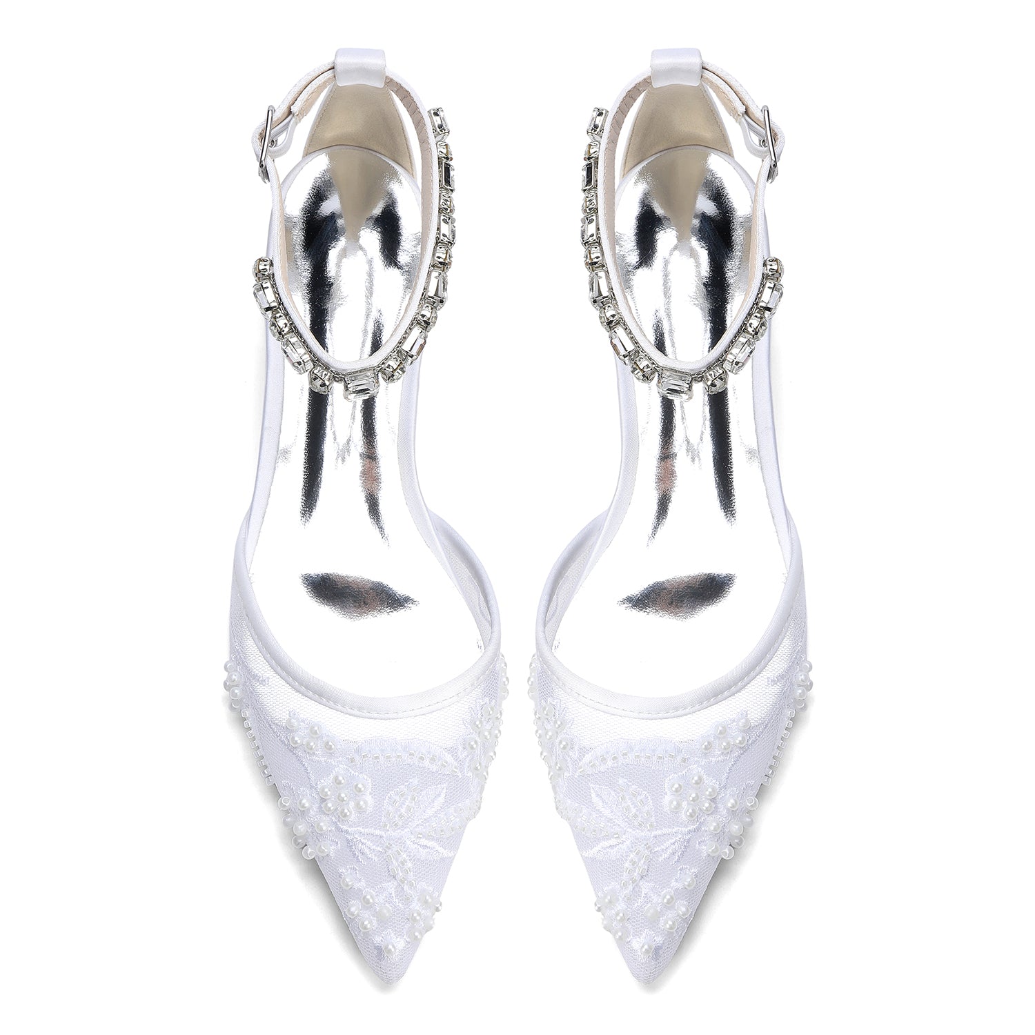 Women's Lace Silk Satin With Rhinestone Ankle Strap Closed Toe Flat Heel Evening Shoes