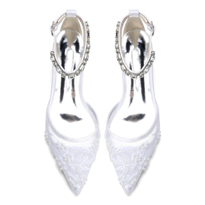 Women's Lace Silk Satin With Rhinestone Ankle Strap Closed Toe Flat Heel Evening Shoes