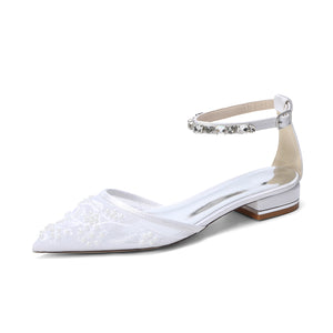 Women's Lace Silk Satin With Rhinestone Ankle Strap Closed Toe Flat Heel Evening Shoes