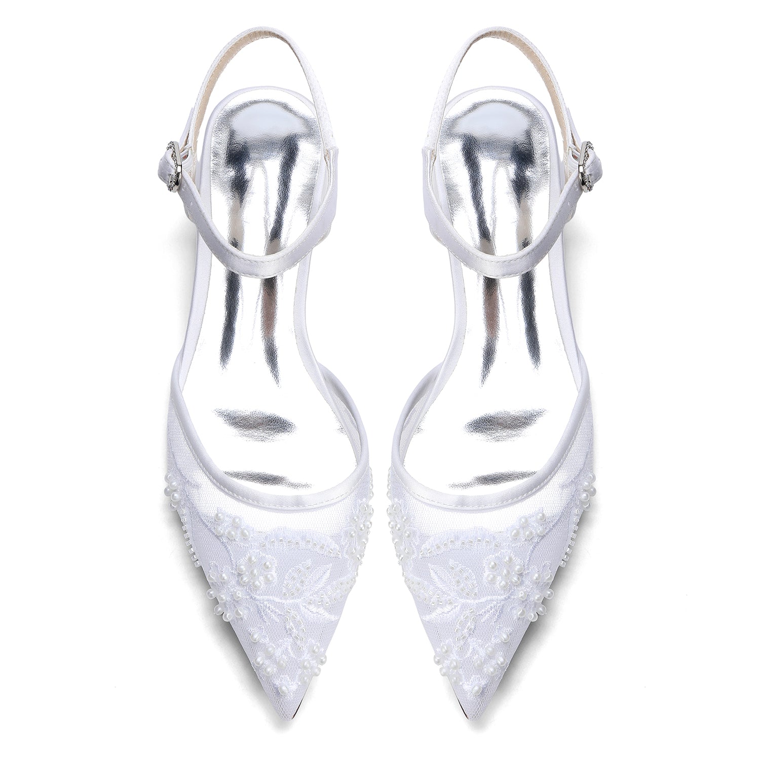 Women's Lace Silk Satin With  Closed Toe Ankle Strap Flat Heel Evening Shoes