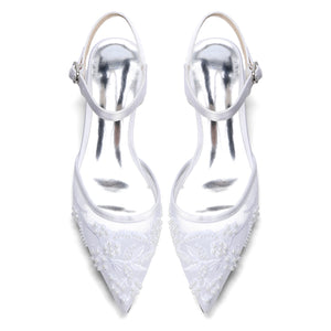 Women's Lace Silk Satin With  Closed Toe Ankle Strap Flat Heel Evening Shoes