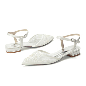 Women's Lace Silk Satin With  Closed Toe Ankle Strap Flat Heel Evening Shoes