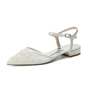 Women's Lace Silk Satin With  Closed Toe Ankle Strap Flat Heel Evening Shoes