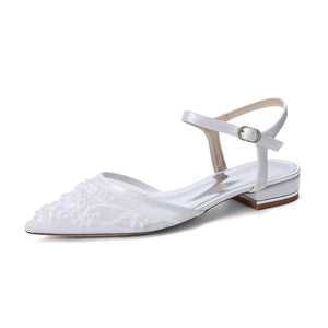 Women's Lace Silk Satin With  Closed Toe Ankle Strap Flat Heel Evening Shoes