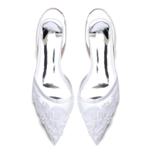 Women's Silk Satin With Lace Closed Toe Ankle Strap Flat Heel Evening Shoes