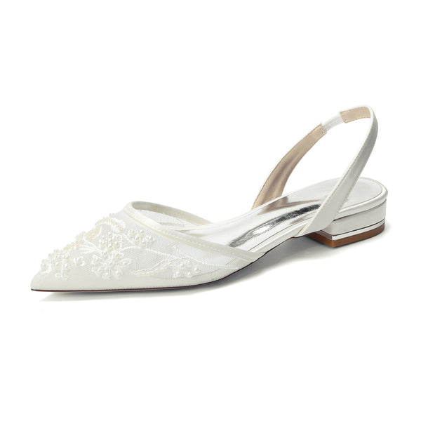 Women's Silk Satin With Lace Closed Toe Ankle Strap Flat Heel Evening Shoes