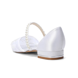 Women's Silk Satin With Lace  Ankle Strap Closed Toe Flat Heel Evening Shoes