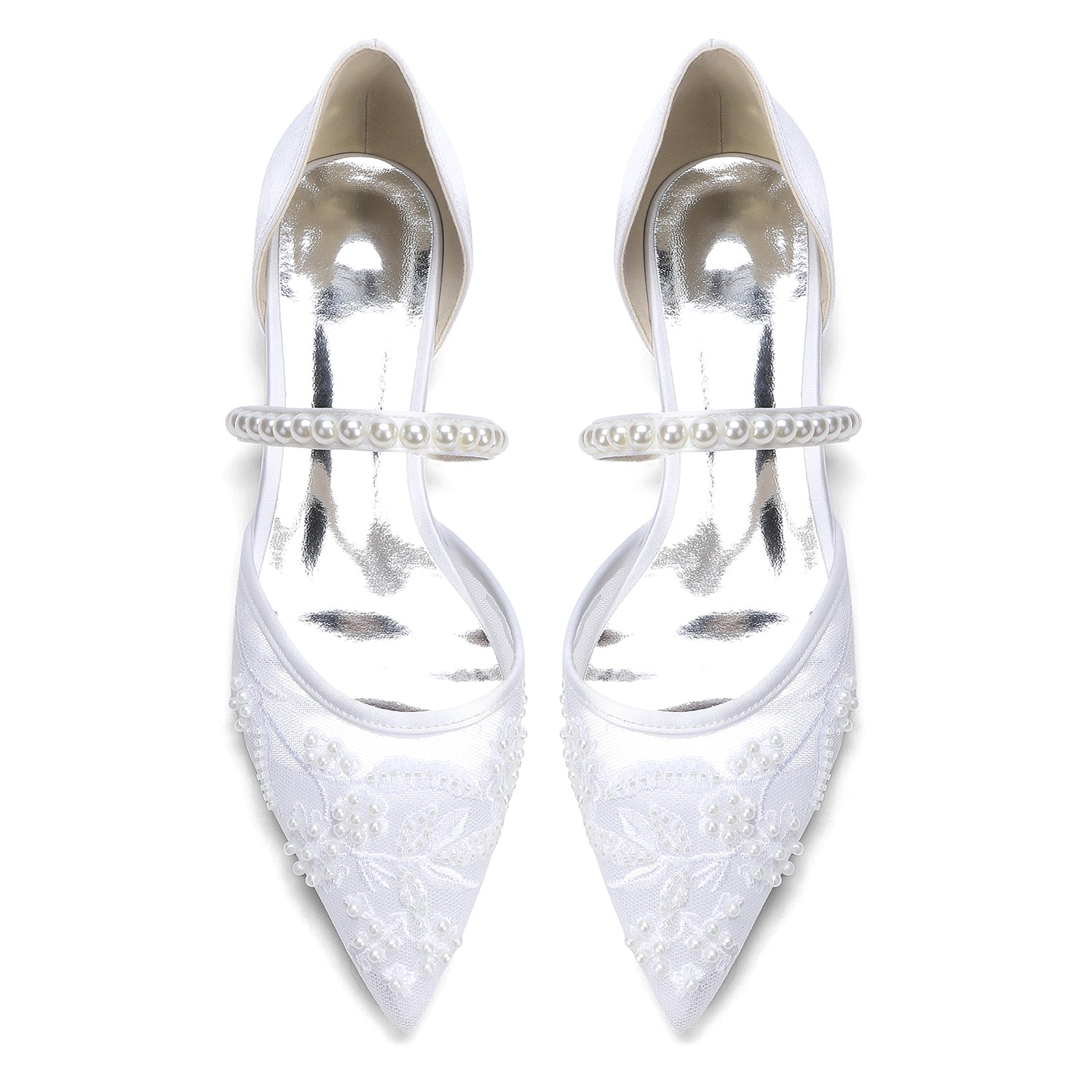 Women's Silk Satin With Lace  Ankle Strap Closed Toe Flat Heel Evening Shoes