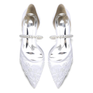 Women's Silk Satin With Lace  Ankle Strap Closed Toe Flat Heel Evening Shoes