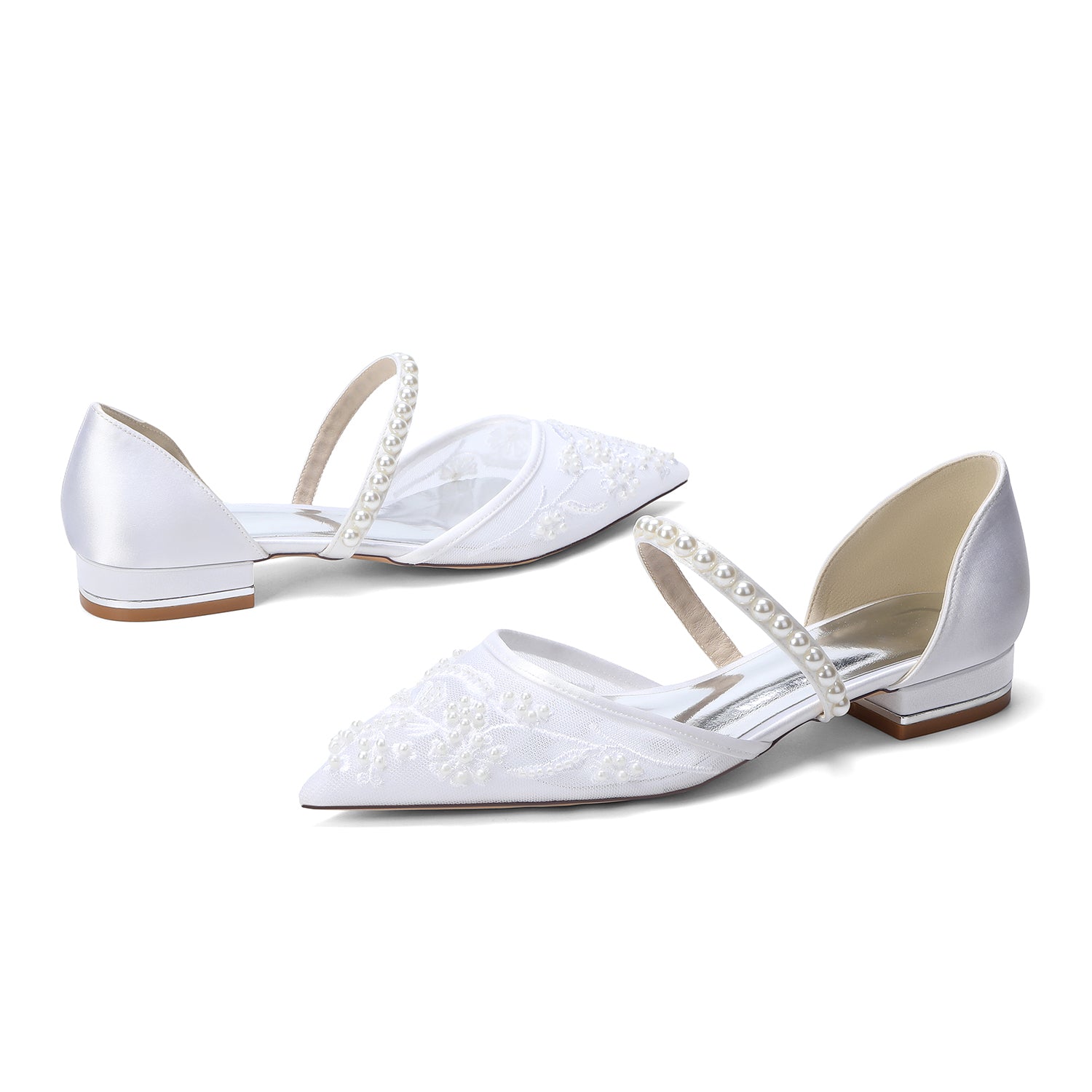 Women's Silk Satin With Lace  Ankle Strap Closed Toe Flat Heel Evening Shoes