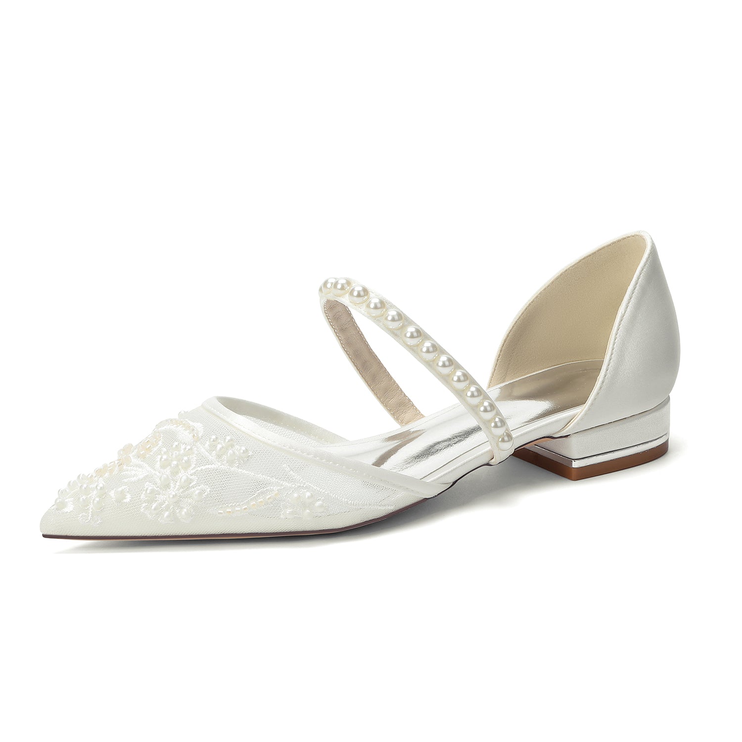 Women's Silk Satin With Lace  Ankle Strap Closed Toe Flat Heel Evening Shoes