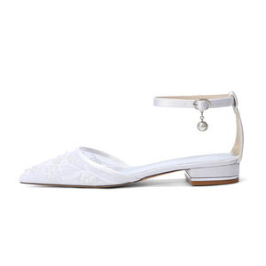 Women's Silk Satin With Lace Rhinestone Ankle Strap Closed Toe Flat Heel Evening Shoes
