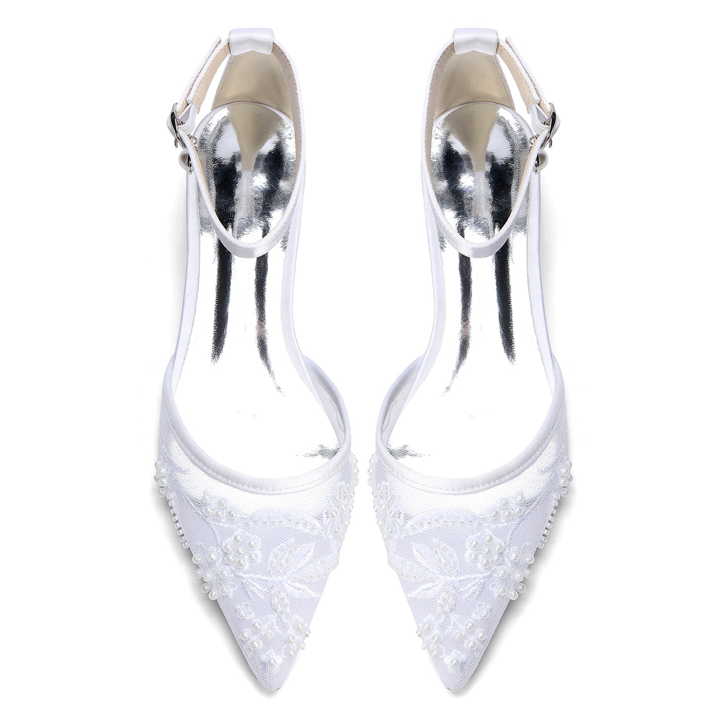 Women's Silk Satin With Lace Rhinestone Ankle Strap Closed Toe Flat Heel Evening Shoes