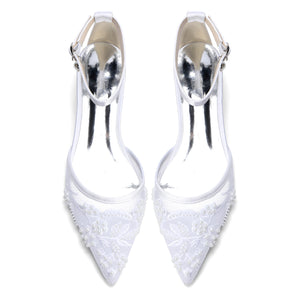 Women's Silk Satin With Lace Rhinestone Ankle Strap Closed Toe Flat Heel Evening Shoes