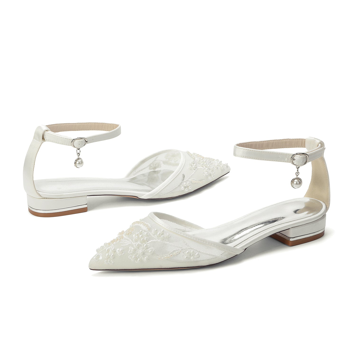 Women's Silk Satin With Lace Rhinestone Ankle Strap Closed Toe Flat Heel Evening Shoes