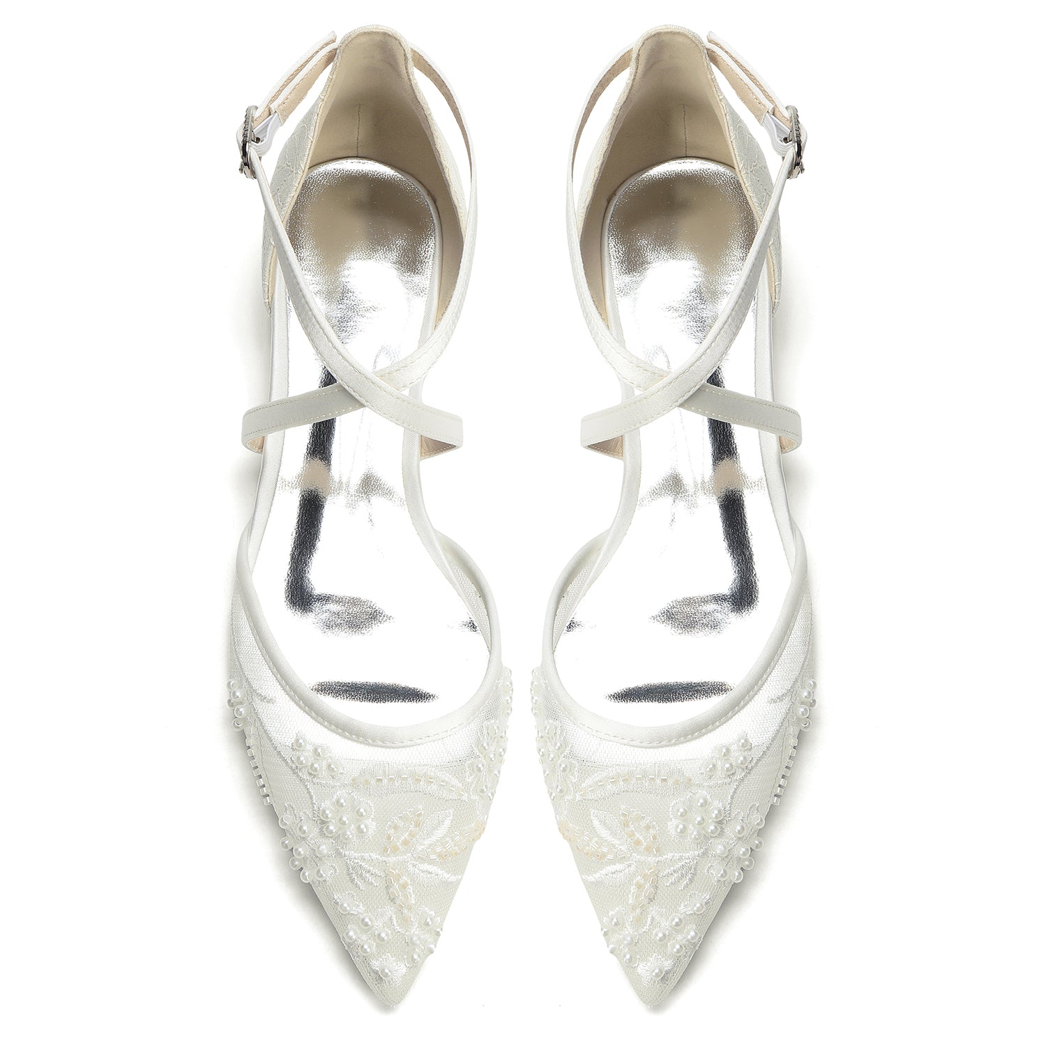 Women's Silk Satin With Lace Ankle Strap Closed Toe Flat Heel Evening Shoes