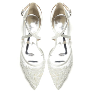 Women's Silk Satin With Lace Ankle Strap Closed Toe Flat Heel Evening Shoes