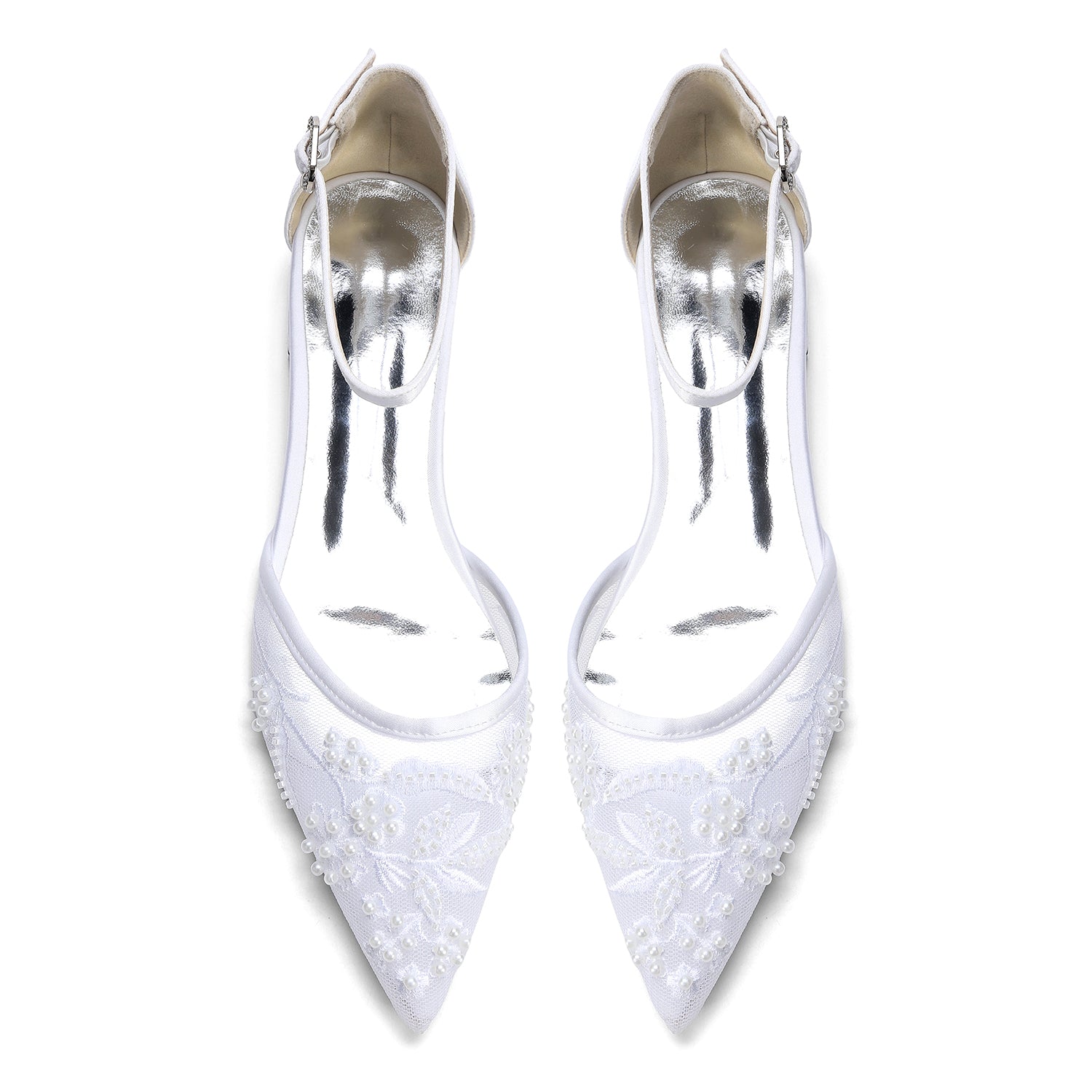 Women's Lace Silk Satin With Ankle Strap Closed Toe Flat Heel Evening Shoes