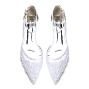Women's Lace Silk Satin With Ankle Strap Closed Toe Flat Heel Evening Shoes