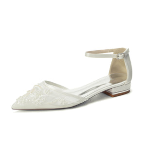 Women's Lace Silk Satin With Ankle Strap Closed Toe Flat Heel Evening Shoes