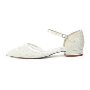 Women's Lace Silk Satin With Closed Toe Ankle Strap Flat Heel Evening Shoes