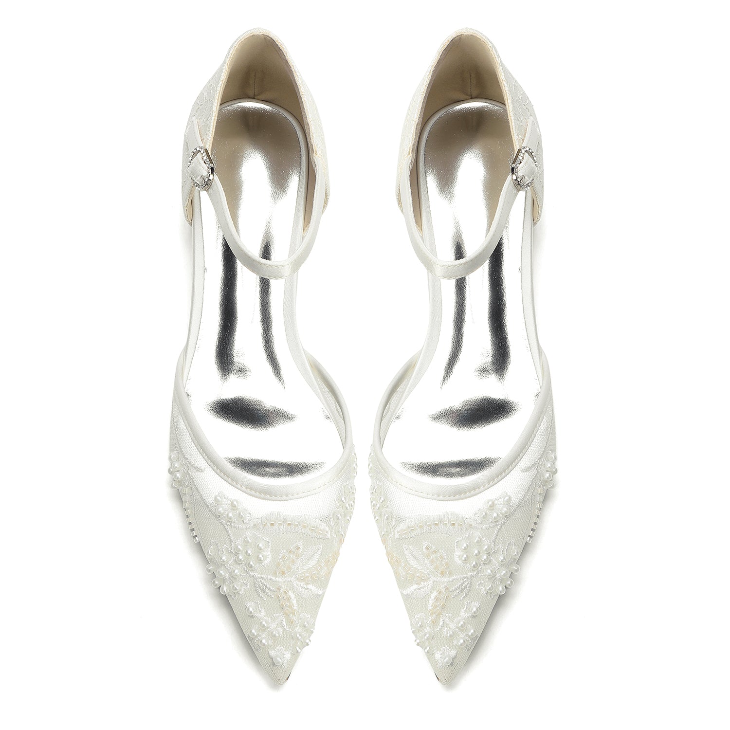 Women's Lace Silk Satin With Closed Toe Ankle Strap Flat Heel Evening Shoes