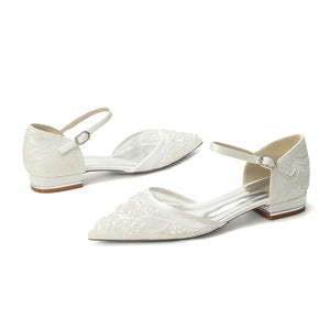Women's Lace Silk Satin With Closed Toe Ankle Strap Flat Heel Evening Shoes