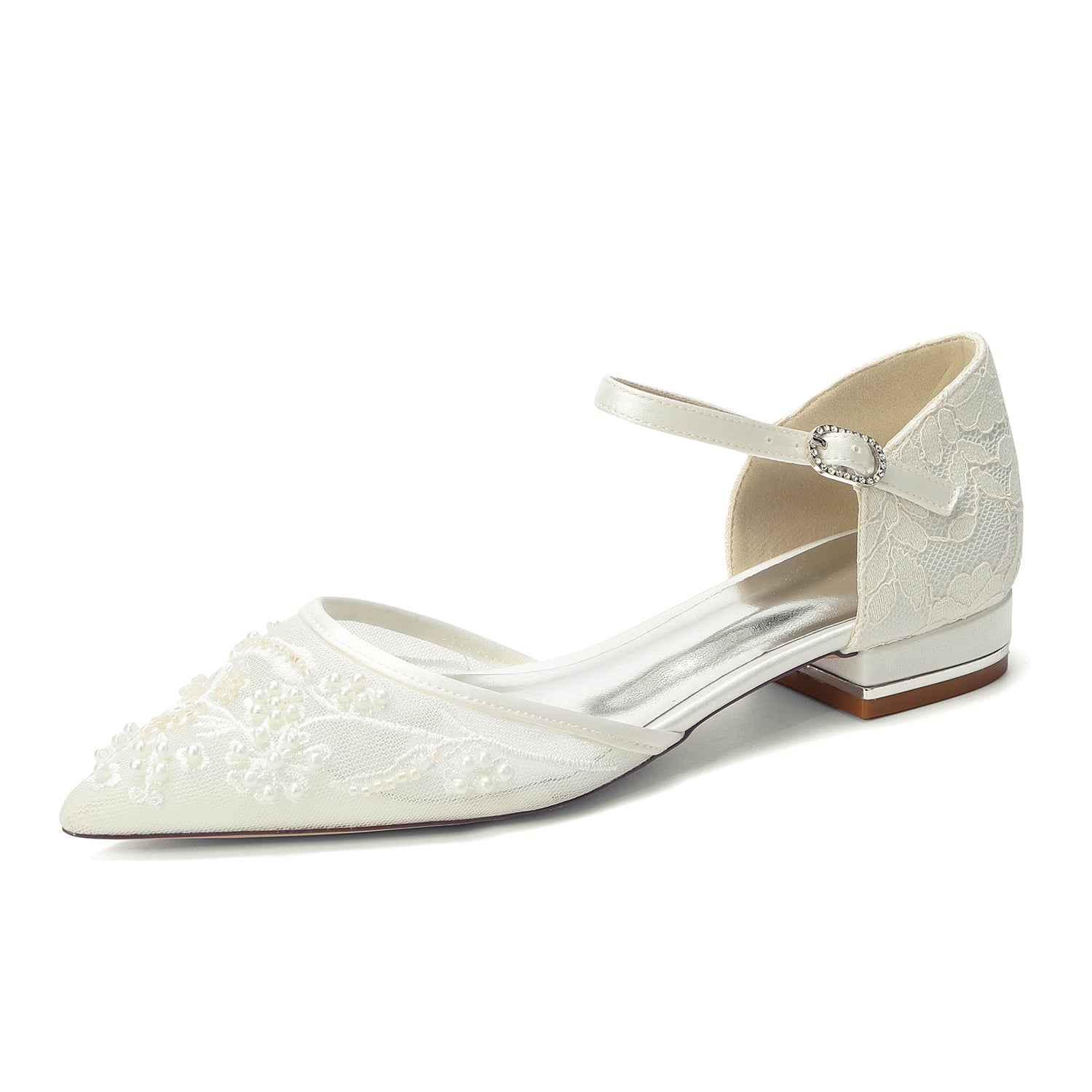 Women's Lace Silk Satin With Closed Toe Ankle Strap Flat Heel Evening Shoes