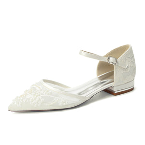 Women's Lace Silk Satin With Closed Toe Ankle Strap Flat Heel Evening Shoes