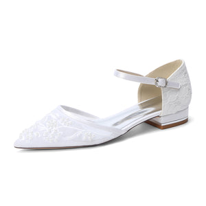 Women's Lace Silk Satin With Closed Toe Ankle Strap Flat Heel Evening Shoes