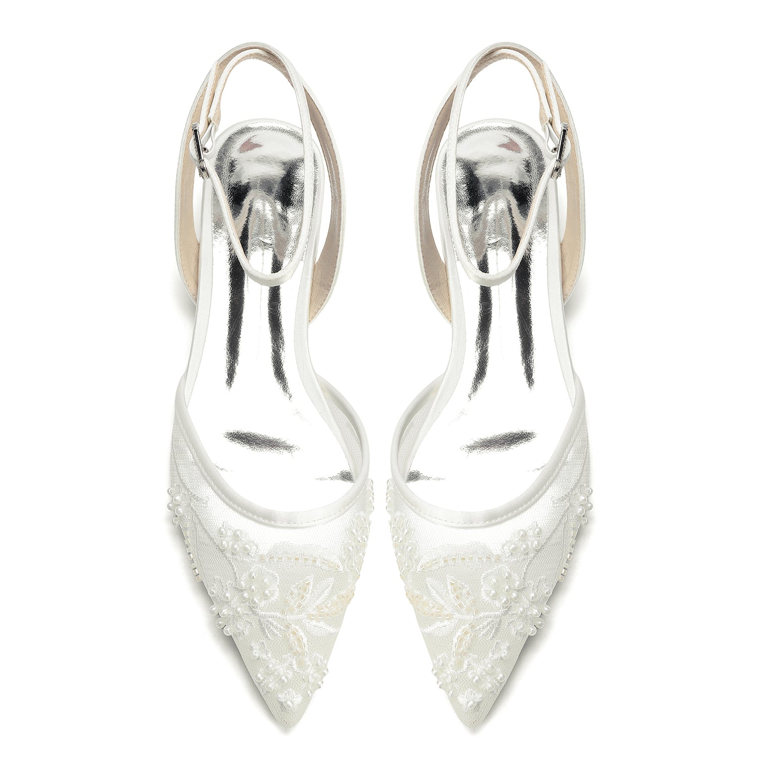 Women's Silk Satin With Lace Closed Toe Ankle Strap Flat Heel Evening Shoes