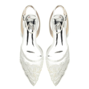 Women's Silk Satin With Lace Closed Toe Ankle Strap Flat Heel Evening Shoes