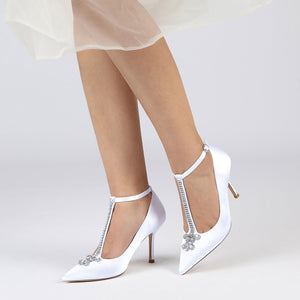 Women's Ankle Strap Silk Satin With Rhinestone Closed Toe Stiletto Heel Wedding Shoes