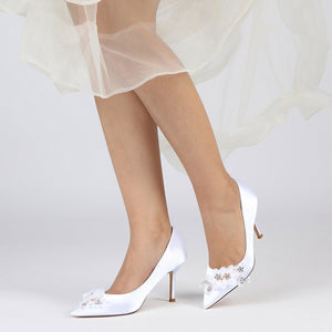 Women's Silk Satin With Closed Toe Stiletto Heel Flower Wedding Shoes