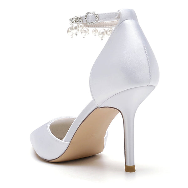 Women's Silk Satin With Ankle Strap Pearl Rhinestone Tassel Closed Toe Stiletto Heel Party Shoes