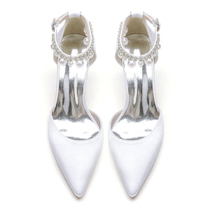 Women's Silk Satin With Ankle Strap Pearl Rhinestone Tassel Closed Toe Stiletto Heel Party Shoes