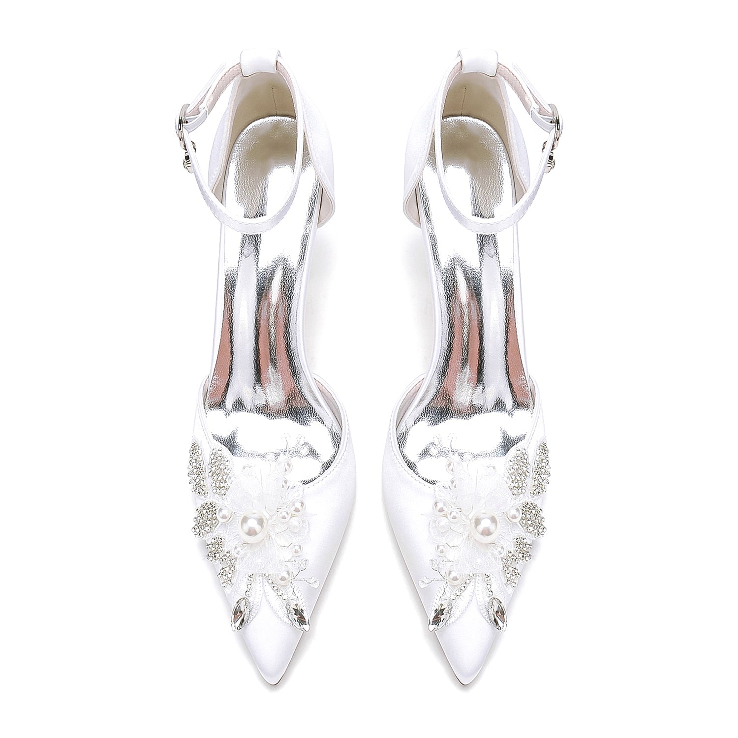 Women's Silk Satin With Ankle Strap Flower Rhinestone Closed Toe Stiletto Heel Wedding Shoes