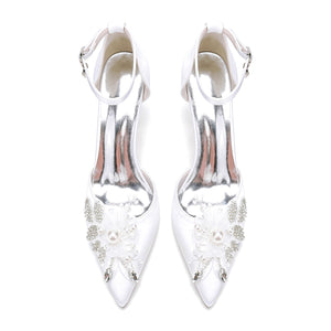 Women's Silk Satin With Ankle Strap Flower Rhinestone Closed Toe Stiletto Heel Wedding Shoes