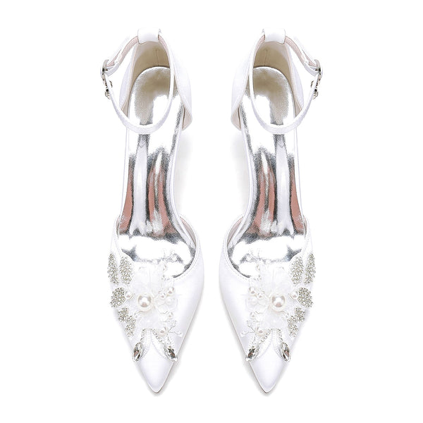 Women's Silk Satin With Ankle Strap Flower Rhinestone Closed Toe Stiletto Heel Wedding Shoes