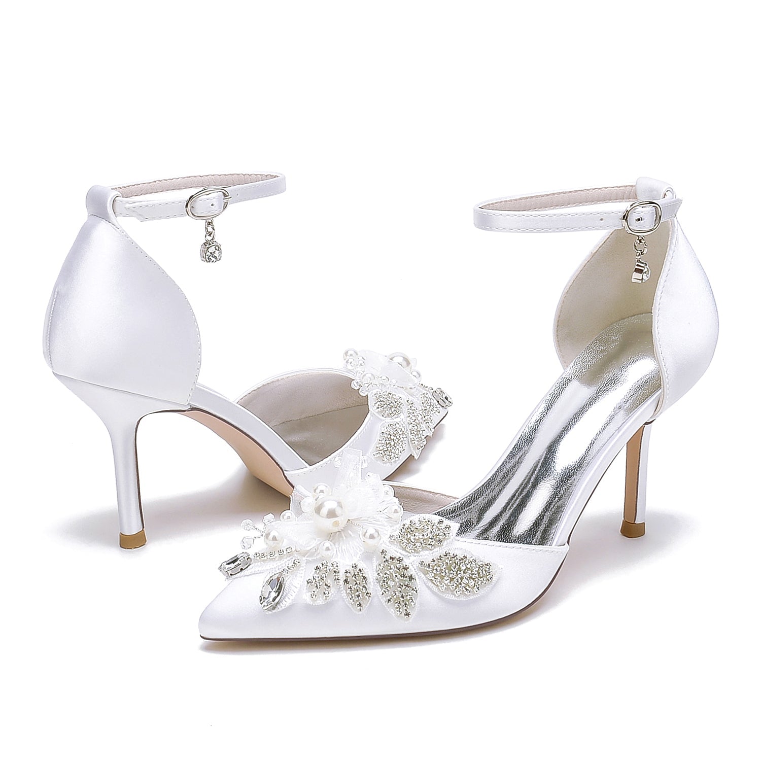Women's Silk Satin With Ankle Strap Flower Rhinestone Closed Toe Stiletto Heel Wedding Shoes