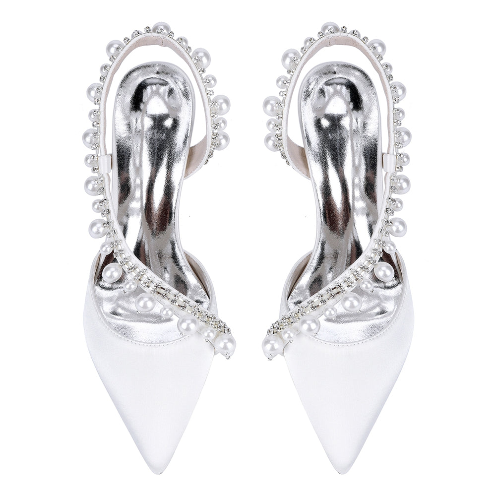 Women's Silk Satin Pearl Closed Toe With Rhinestone Stiletto Heel Evening Shoes