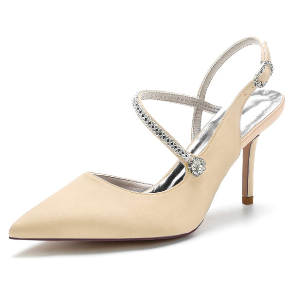 Women's Silk Satin With Closed Toe Stiletto Heel Ankle Strap Rhinestone Evening Shoes