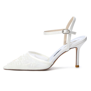 Women's Lace Silk Satin With Ankle Strap Closed Toe Stiletto Heel Evening Shoes