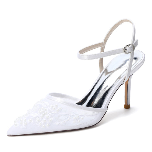 Women's Lace Silk Satin With Ankle Strap Closed Toe Stiletto Heel Evening Shoes