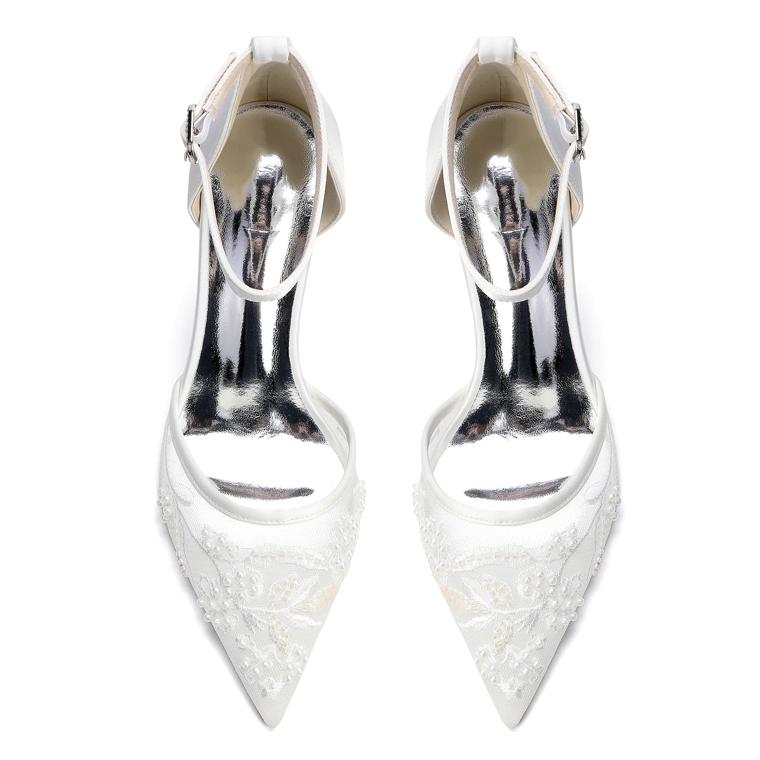 Women's Lace Silk Satin With Lace Ankle Strap Closed Toe Stiletto Heel Evening Shoes