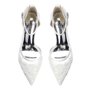 Women's Lace Silk Satin With Lace Ankle Strap Closed Toe Stiletto Heel Evening Shoes