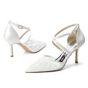 Women's Lace Silk Satin With Closed Toe Ankle Strap Stiletto Heel Evening Shoes